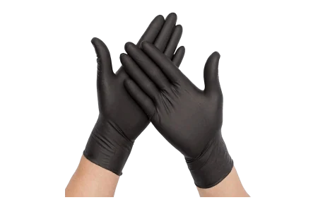 Hands wearing fitted black nitrile disposable gloves