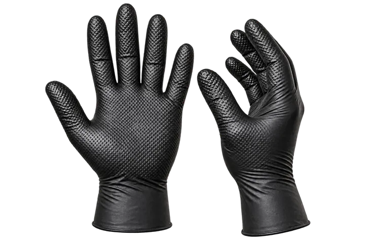 Pair of black heavy-duty nitrile gloves with raised diamond grip texture