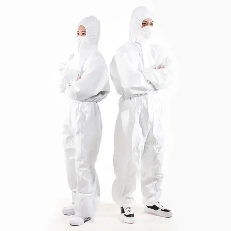 Two workers wearing white hooded disposable coveralls