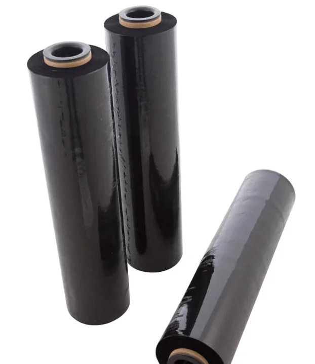 Commercial rolls of black pallet stretch wrap